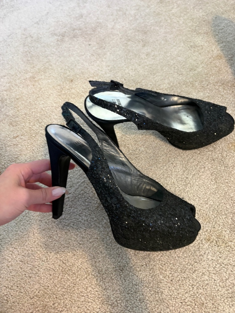Black sequined sling back heels
